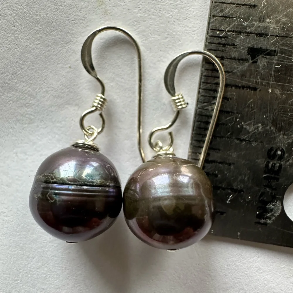 10.2mm Black Cultured Pearl Earrings - 925 Sterling Silver - Picture 3 of 8